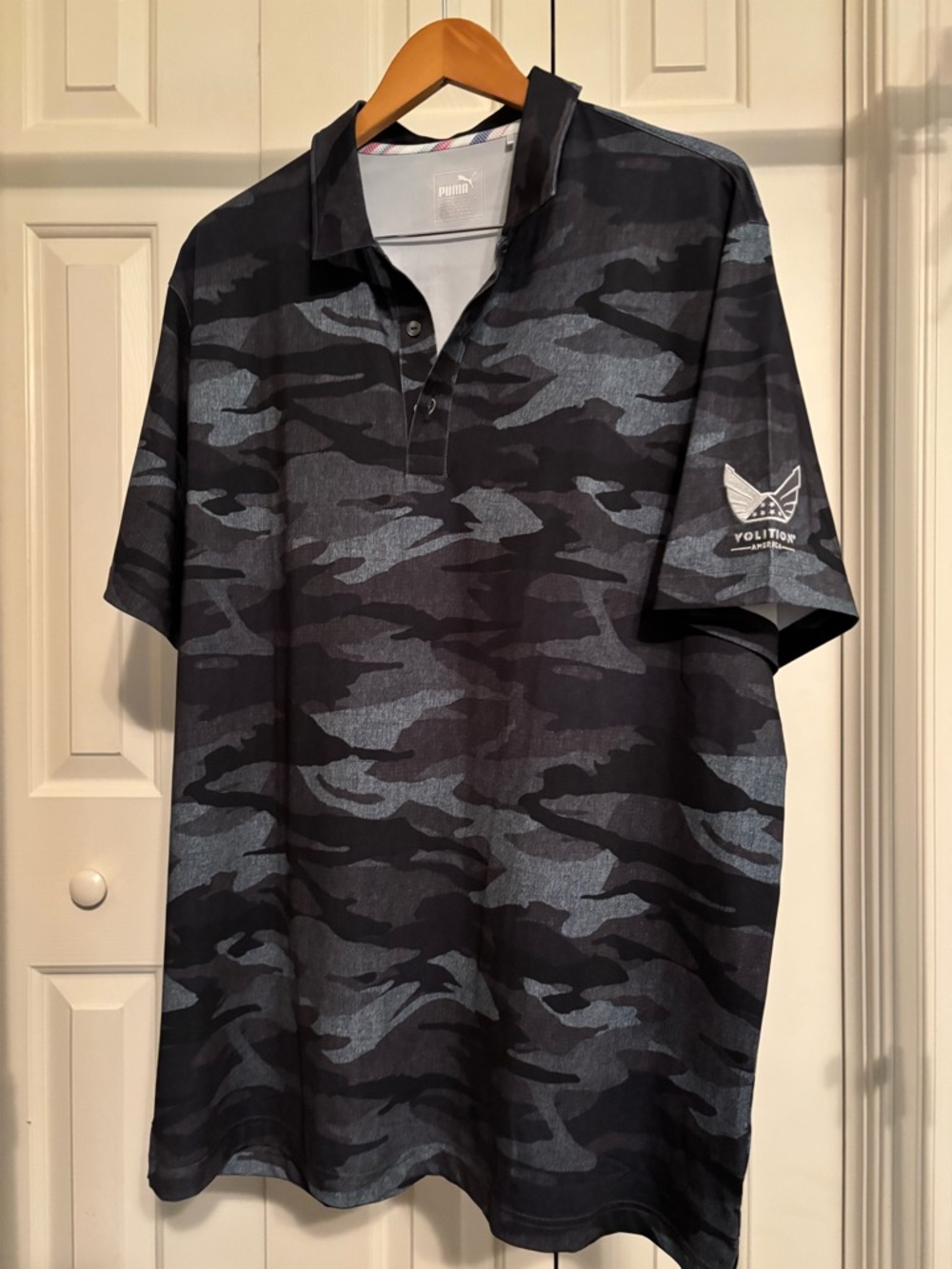 Puma Men’s Black & Gray Camo Polo Shirt with “VOLITION AMERICA” logo, XXL